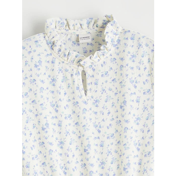 LCW Kids Ekru Dik Yaka Çiçekli Kız Çocuk Elbise