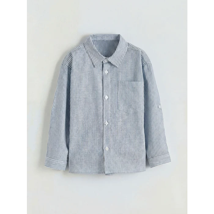 LCW Kids Mavi Çizgili Keten Karışımlı Erkek Çocuk Gömlek