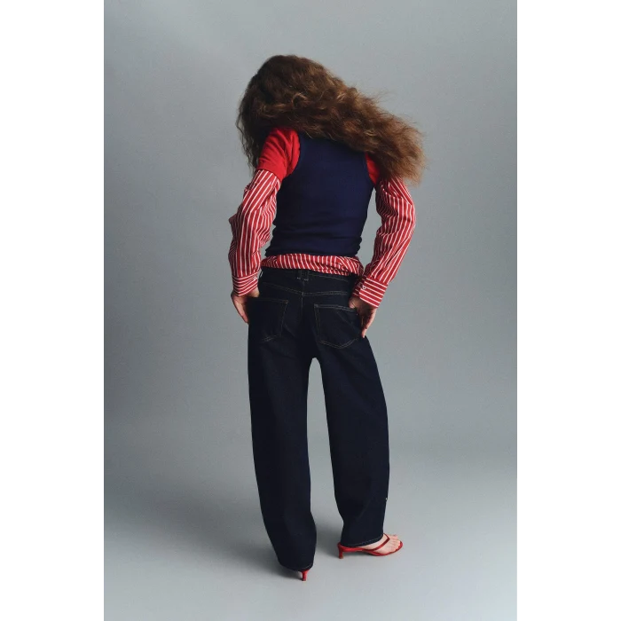 Defacto G1406AXNM82 Mavi %100 Pamuk Barrel Fıt Yüksek Bel Jean Pantolon