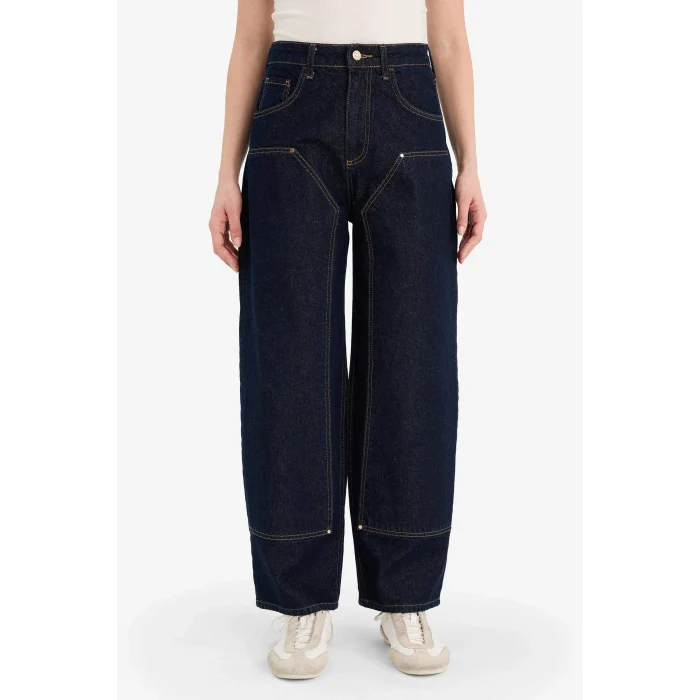 Defacto G1406AXNM82 Mavi %100 Pamuk Barrel Fıt Yüksek Bel Jean Pantolon