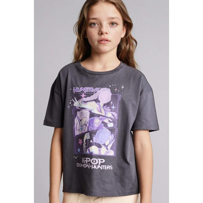 Defacto H3842A8AR58 Antrasit Kpop - Demon Hunters Relax Fıt Tişört Kız Çocuk