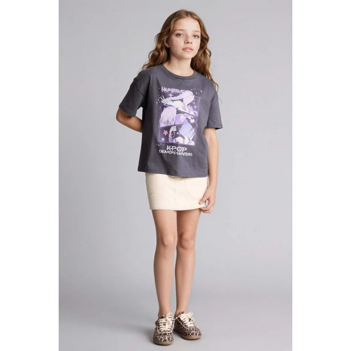 Defacto H3842A8AR58 Antrasit Kpop - Demon Hunters Relax Fıt Tişört Kız Çocuk