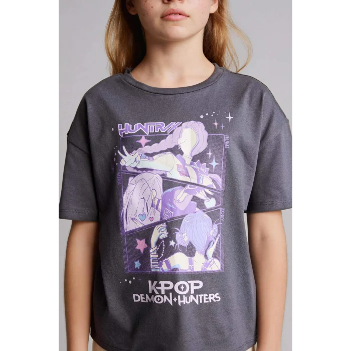 Defacto H3842A8AR58 Antrasit Kpop - Demon Hunters Relax Fıt Tişört Kız Çocuk