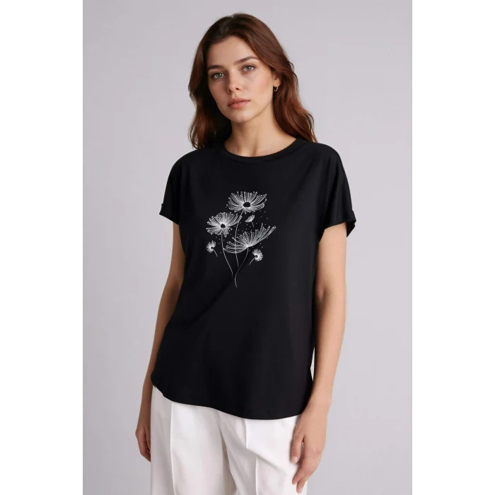 Defacto H1453AXBK81 Siyah Bisiklet Yaka Taş Baskılı Kısa Kollu Tişört