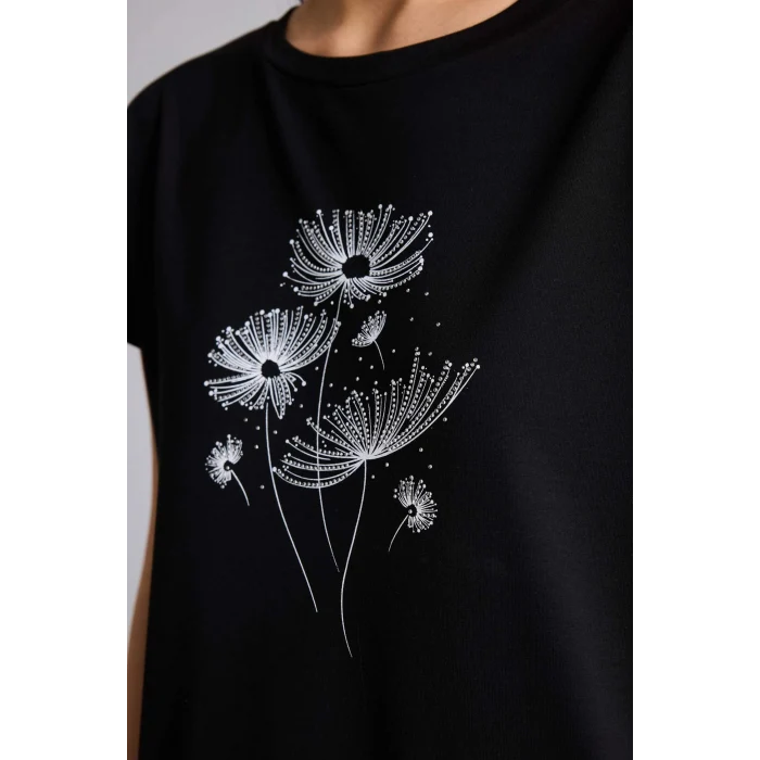 Defacto H1453AXBK81 Siyah Bisiklet Yaka Taş Baskılı Kısa Kollu Tişört