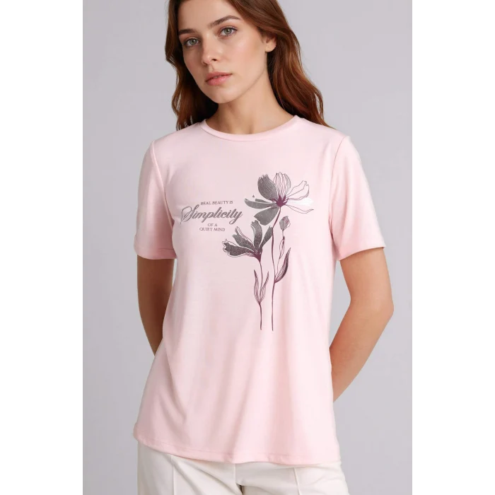 Defacto H1461AXPN127 Pembe Relax Fıt Bisiklet Yaka Çiçekli Kısa Kollu Tişört