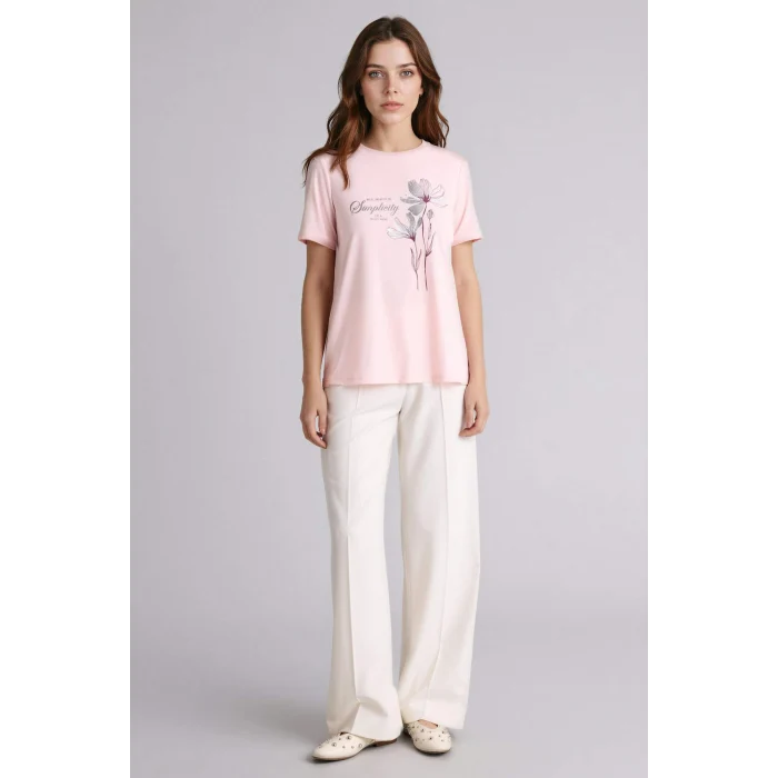 Defacto H1461AXPN127 Pembe Relax Fıt Bisiklet Yaka Çiçekli Kısa Kollu Tişört