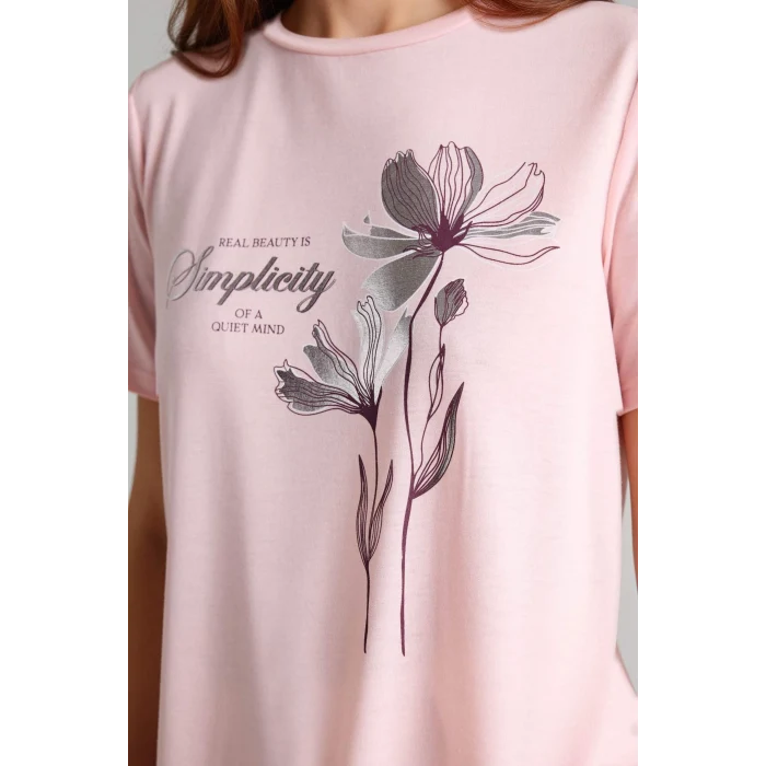 Defacto H1461AXPN127 Pembe Relax Fıt Bisiklet Yaka Çiçekli Kısa Kollu Tişört