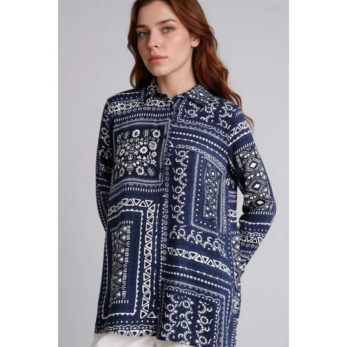 Defacto T0609AZNV253 Lacivert Loose Fıt Gömlek Yaka Baskılı Uzun Kollu Tunik