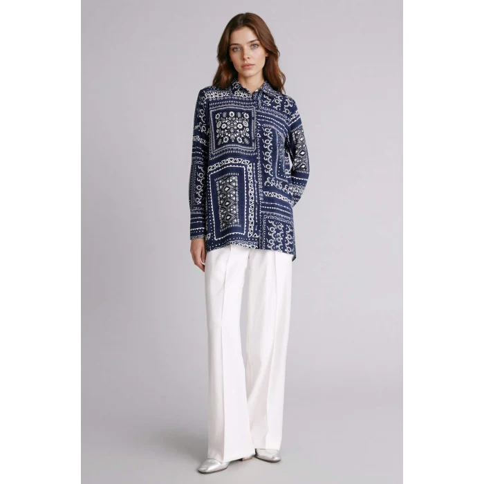 Defacto T0609AZNV253 Lacivert Loose Fıt Gömlek Yaka Baskılı Uzun Kollu Tunik