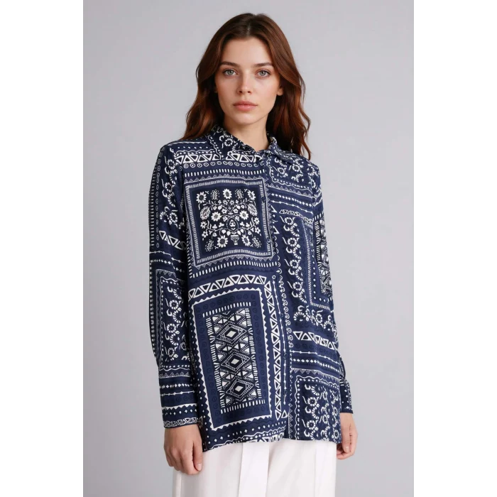 Defacto T0609AZNV253 Lacivert Loose Fıt Gömlek Yaka Baskılı Uzun Kollu Tunik