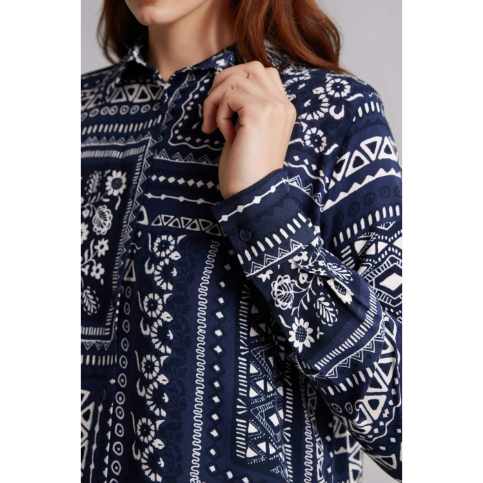 Defacto T0609AZNV253 Lacivert Loose Fıt Gömlek Yaka Baskılı Uzun Kollu Tunik