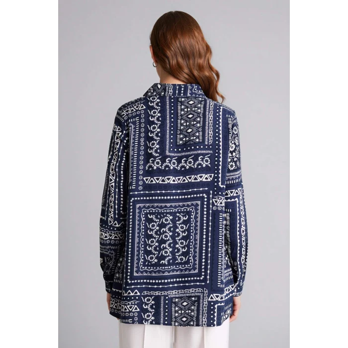 Defacto T0609AZNV253 Lacivert Loose Fıt Gömlek Yaka Baskılı Uzun Kollu Tunik