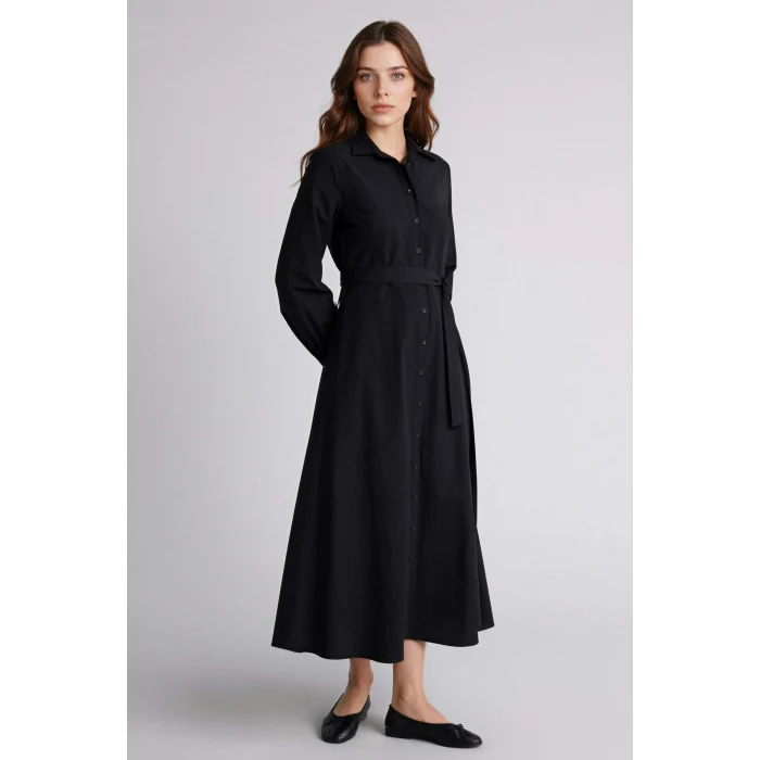 Defacto H0195AXBK81 Siyah Gömlek Yaka Poplin Uzun Kollu Elbise