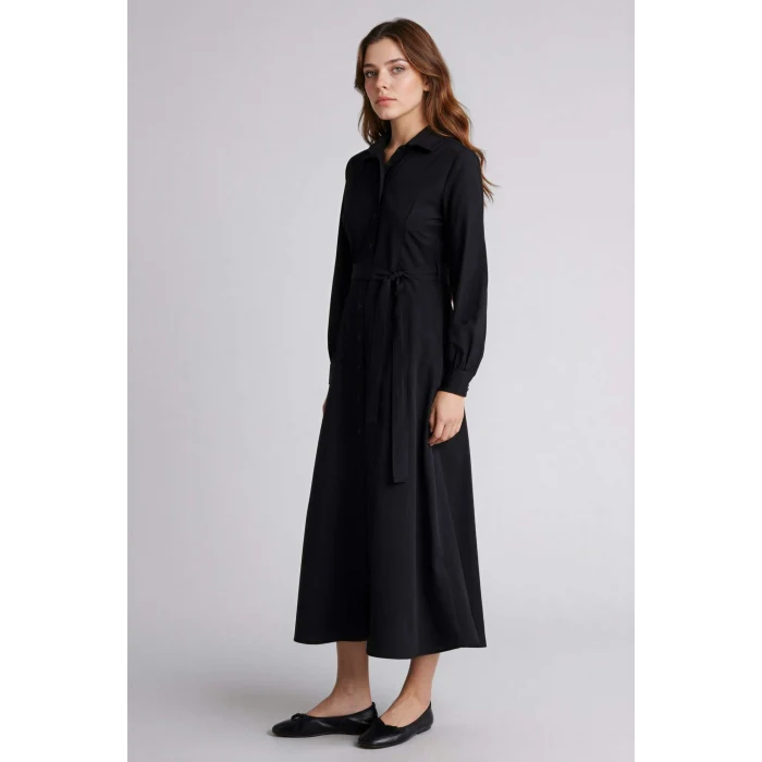 Defacto H0195AXBK81 Siyah Gömlek Yaka Poplin Uzun Kollu Elbise