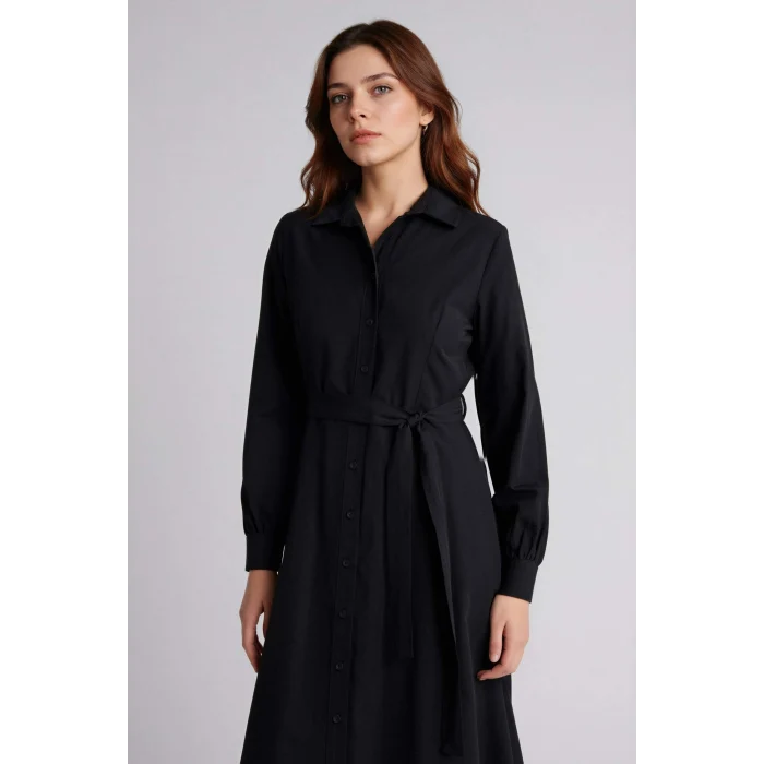 Defacto H0195AXBK81 Siyah Gömlek Yaka Poplin Uzun Kollu Elbise
