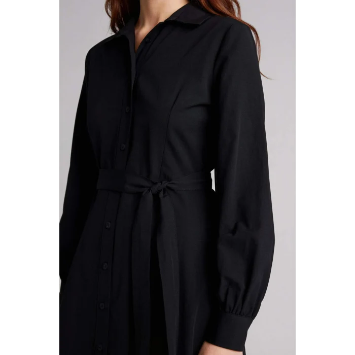 Defacto H0195AXBK81 Siyah Gömlek Yaka Poplin Uzun Kollu Elbise