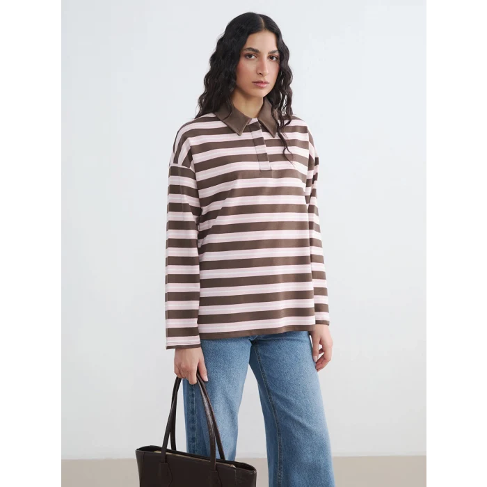 LCW Modest Kahverengi Polo Yaka Çizgili Kadın Sweatshirt Tunik