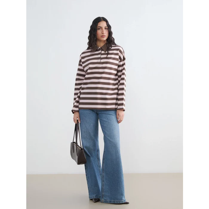 LCW Modest Kahverengi Polo Yaka Çizgili Kadın Sweatshirt Tunik