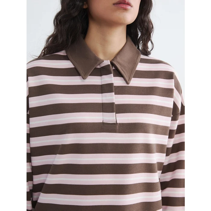 LCW Modest Kahverengi Polo Yaka Çizgili Kadın Sweatshirt Tunik
