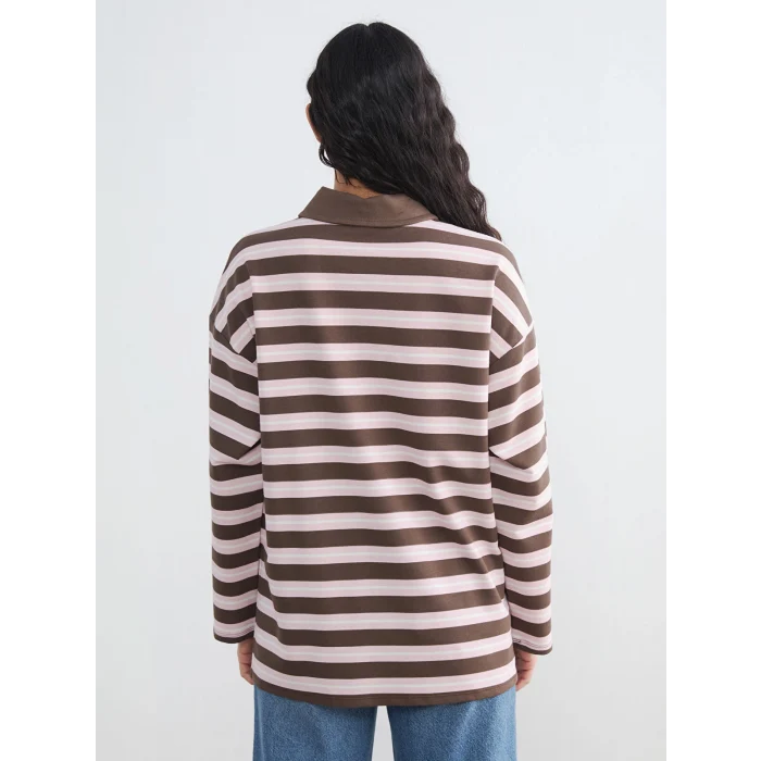 LCW Modest Kahverengi Polo Yaka Çizgili Kadın Sweatshirt Tunik