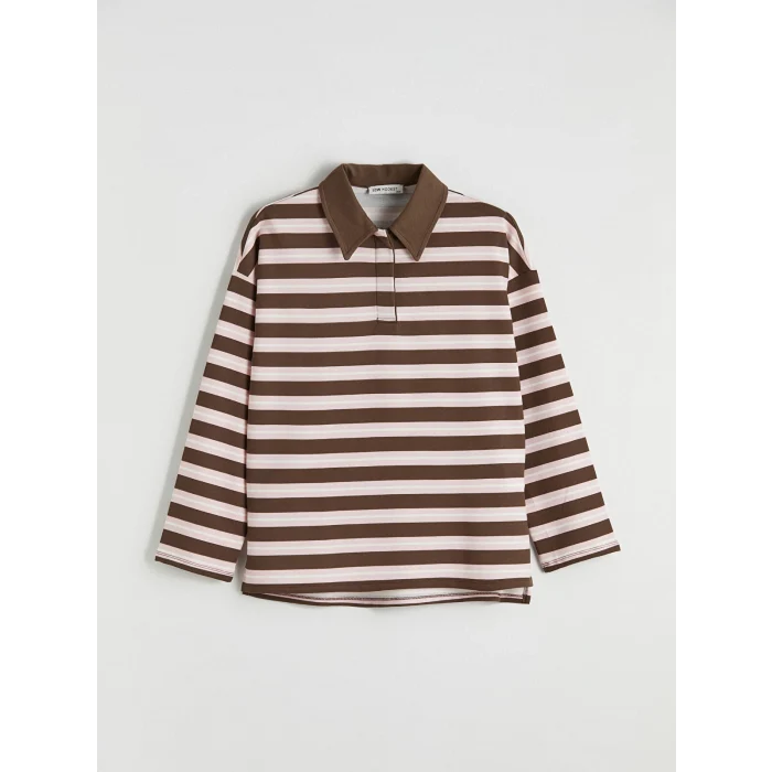 LCW Modest Kahverengi Polo Yaka Çizgili Kadın Sweatshirt Tunik