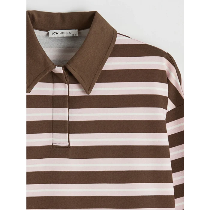 LCW Modest Kahverengi Polo Yaka Çizgili Kadın Sweatshirt Tunik