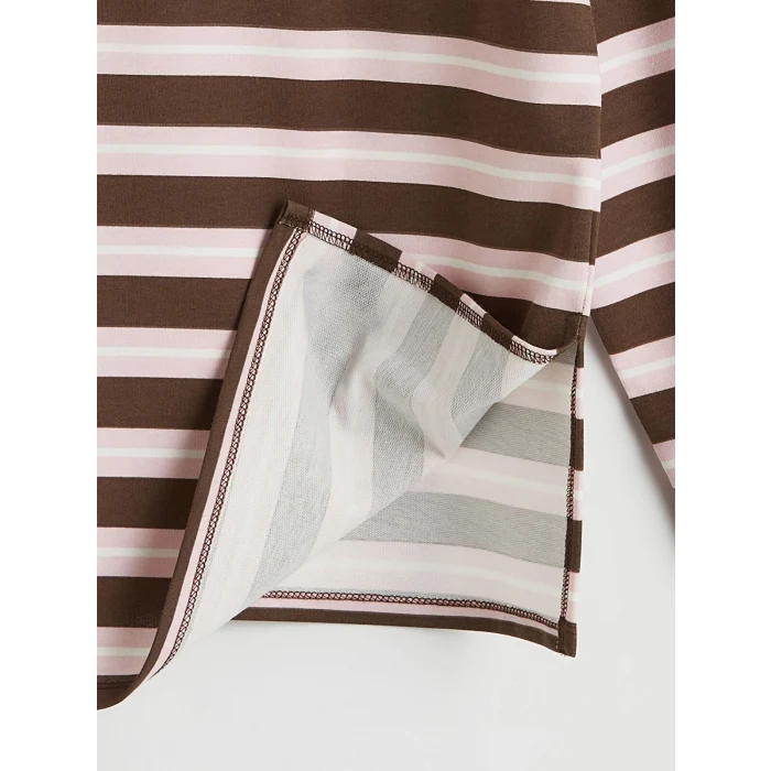 LCW Modest Kahverengi Polo Yaka Çizgili Kadın Sweatshirt Tunik