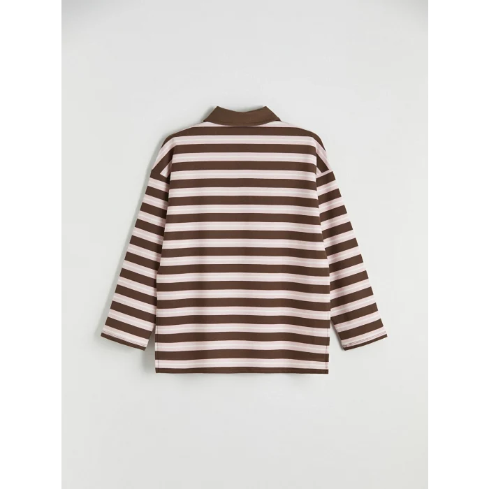 LCW Modest Kahverengi Polo Yaka Çizgili Kadın Sweatshirt Tunik