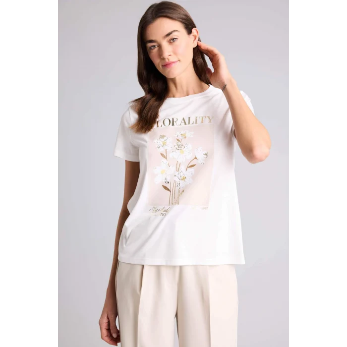 Defacto H2032AXER105 Ekru Bisiklet Yaka Çiçekli Kısa Kollu Tişört