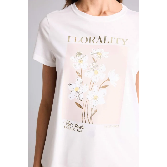 Defacto H2032AXER105 Ekru Bisiklet Yaka Çiçekli Kısa Kollu Tişört