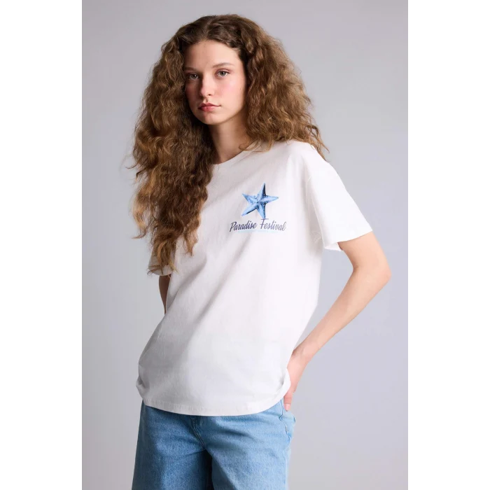 Defacto G9005AXWT32 Beyaz Oversıze Sırt Baskılı Tişört