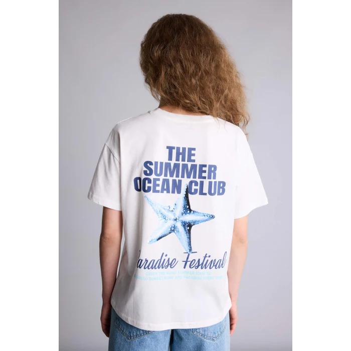 Defacto G9005AXWT32 Beyaz Oversıze Sırt Baskılı Tişört