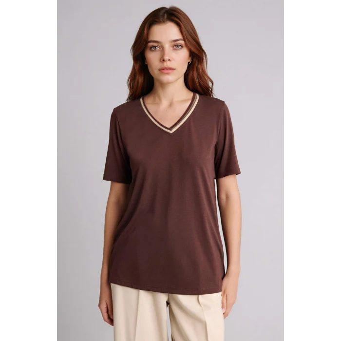 Defacto F2770AXBN320 Kahve Regular Fıt V Yaka Kısa Kollu Tişört
