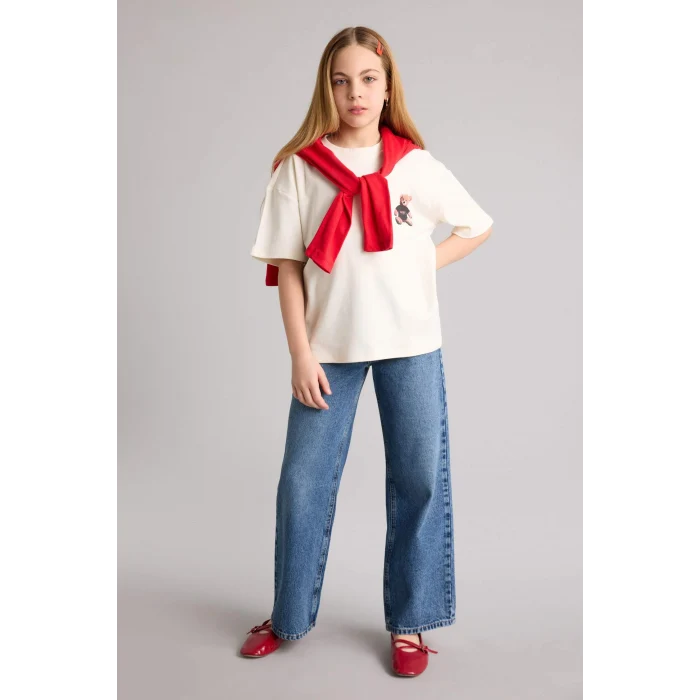 Defacto G9595A8ER105 Ekru I Love NY Oversıze Tişört Kız Çocuk