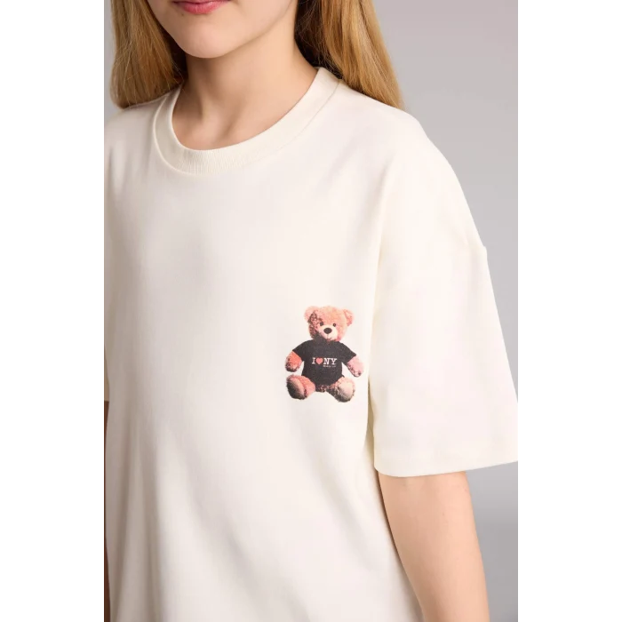 Defacto G9595A8ER105 Ekru I Love NY Oversıze Tişört Kız Çocuk