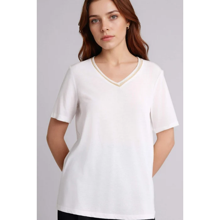 Defacto F2770AXER105 Ekru Regular Fıt V Yaka Kısa Kollu Tişört