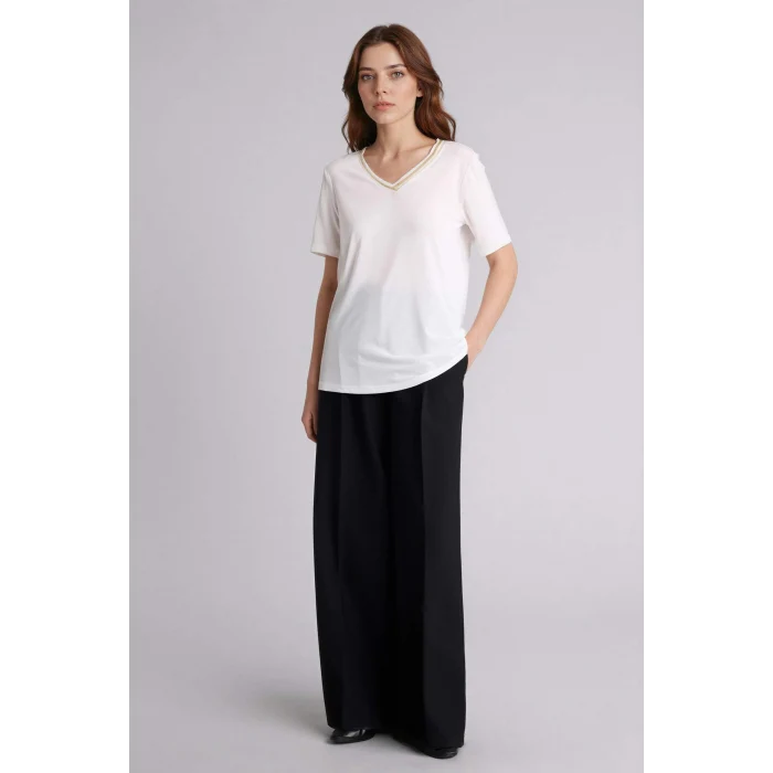 Defacto F2770AXER105 Ekru Regular Fıt V Yaka Kısa Kollu Tişört