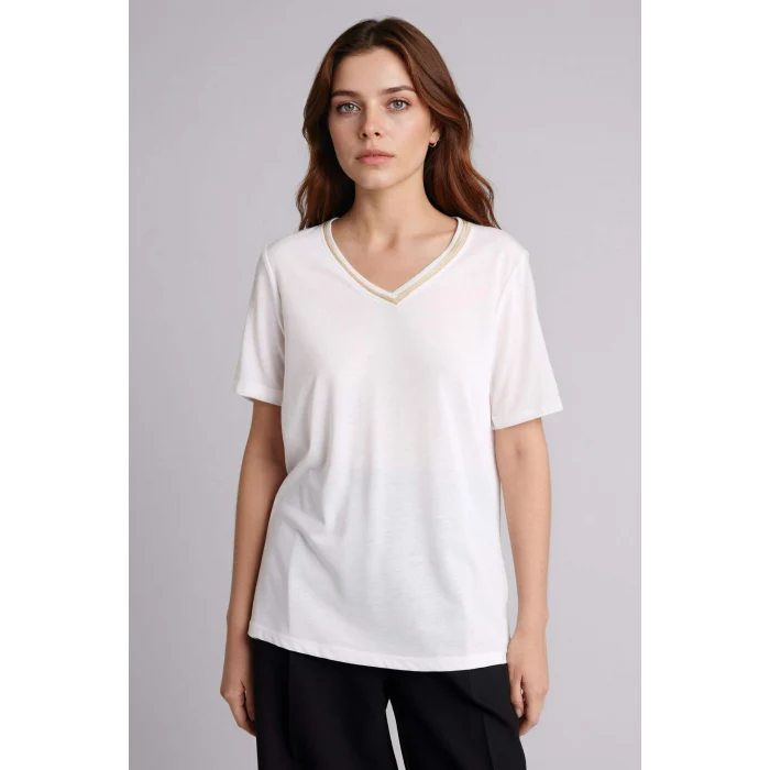 Defacto F2770AXER105 Ekru Regular Fıt V Yaka Kısa Kollu Tişört