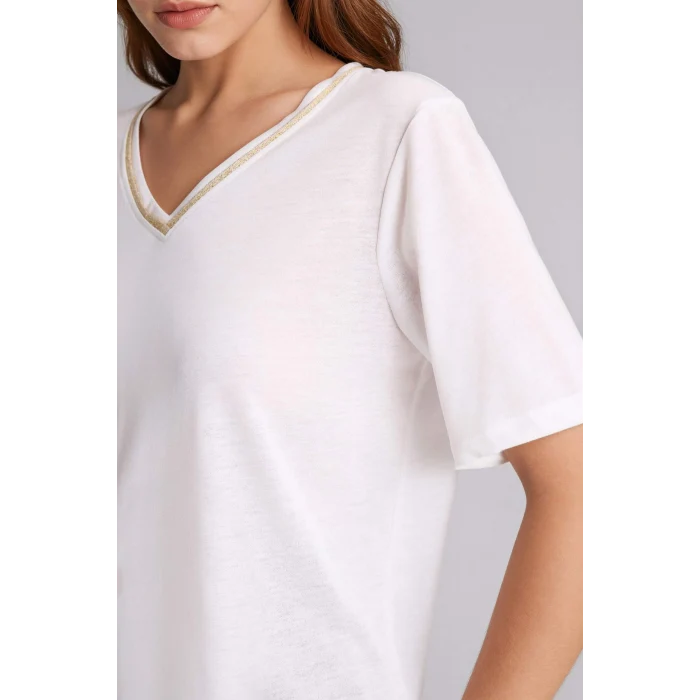 Defacto F2770AXER105 Ekru Regular Fıt V Yaka Kısa Kollu Tişört