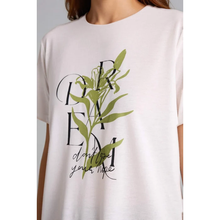 Defacto H1451AXER105 Ekru Regular Fıt Bisiklet Yaka Çiçekli Kısa Kollu Tişört