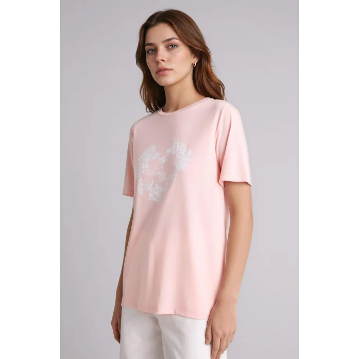 Defacto H1435AXPN681 Pembe Regular Fıt Bisiklet Yaka Çiçekli Kısa Kollu Tişört