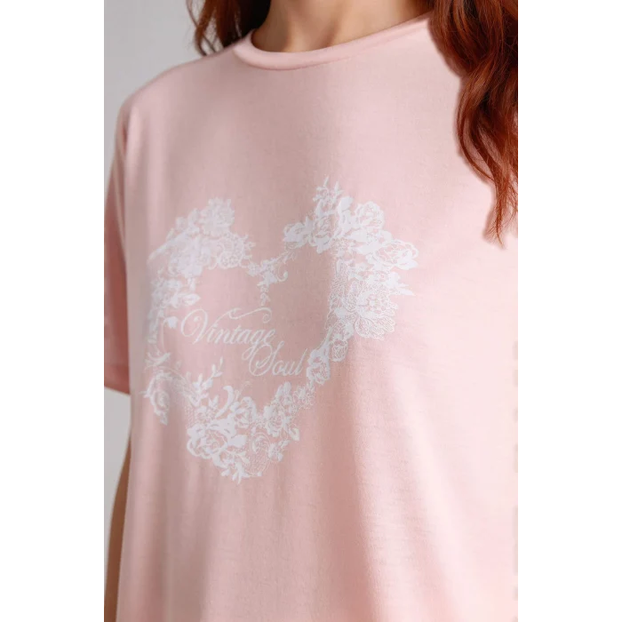 Defacto H1435AXPN681 Pembe Regular Fıt Bisiklet Yaka Çiçekli Kısa Kollu Tişört