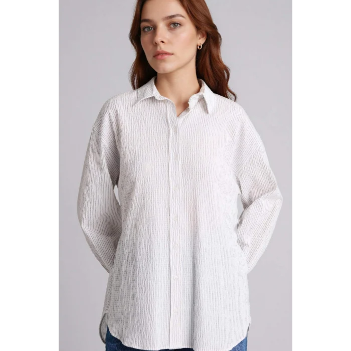 Defacto H0277AXER105 Ekru Regular Fıt Çizgili Gofre Dokulu Uzun Kollu Tunik