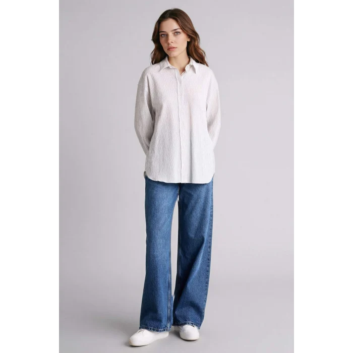 Defacto H0277AXER105 Ekru Regular Fıt Çizgili Gofre Dokulu Uzun Kollu Tunik