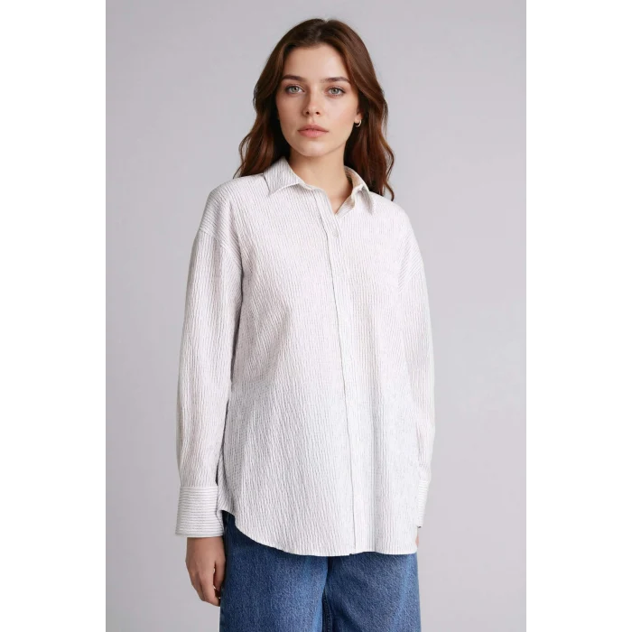Defacto H0277AXER105 Ekru Regular Fıt Çizgili Gofre Dokulu Uzun Kollu Tunik