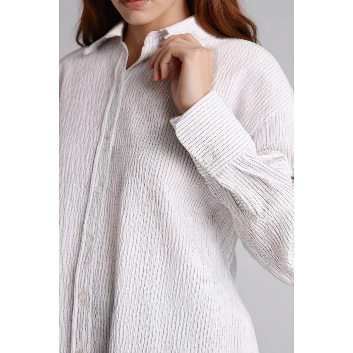 Defacto H0277AXER105 Ekru Regular Fıt Çizgili Gofre Dokulu Uzun Kollu Tunik