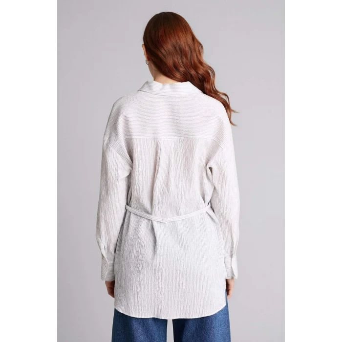 Defacto H0277AXER105 Ekru Regular Fıt Çizgili Gofre Dokulu Uzun Kollu Tunik