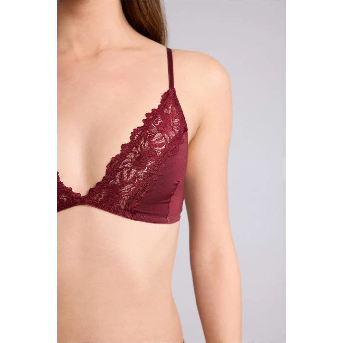 Defacto F9387AXBR210 Bordo Dantel Detaylı Saten Kapsız Pedsiz Balensiz Bralet