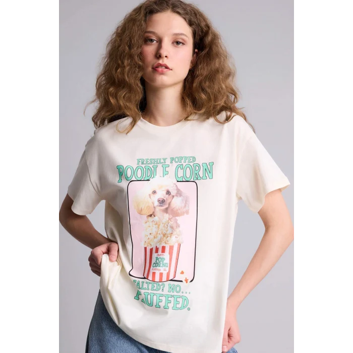 Defacto G9003AXER103 Ekru Oversıze Baskılı Tişört